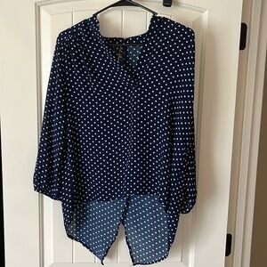 Francesca’s Navy Blue Polka Dot Blouse with Open Back - Size Medium
